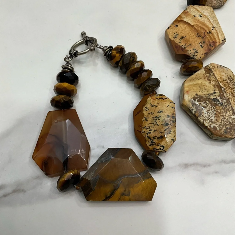 Natural Stone & Tiger Eye 3 pc Statement Beaded Necklace Earrings Bracelet Brown